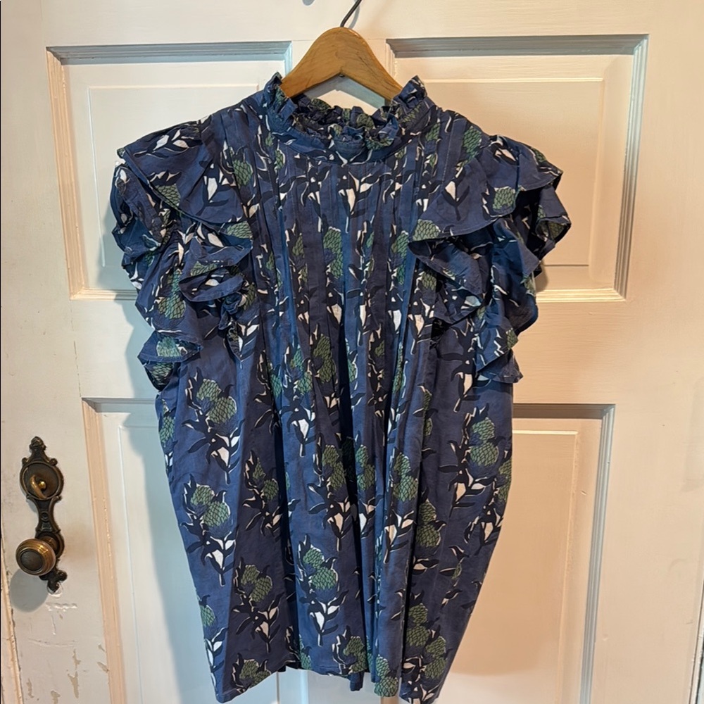 Victoria Dunn Navy Floral Ruffle Blouse